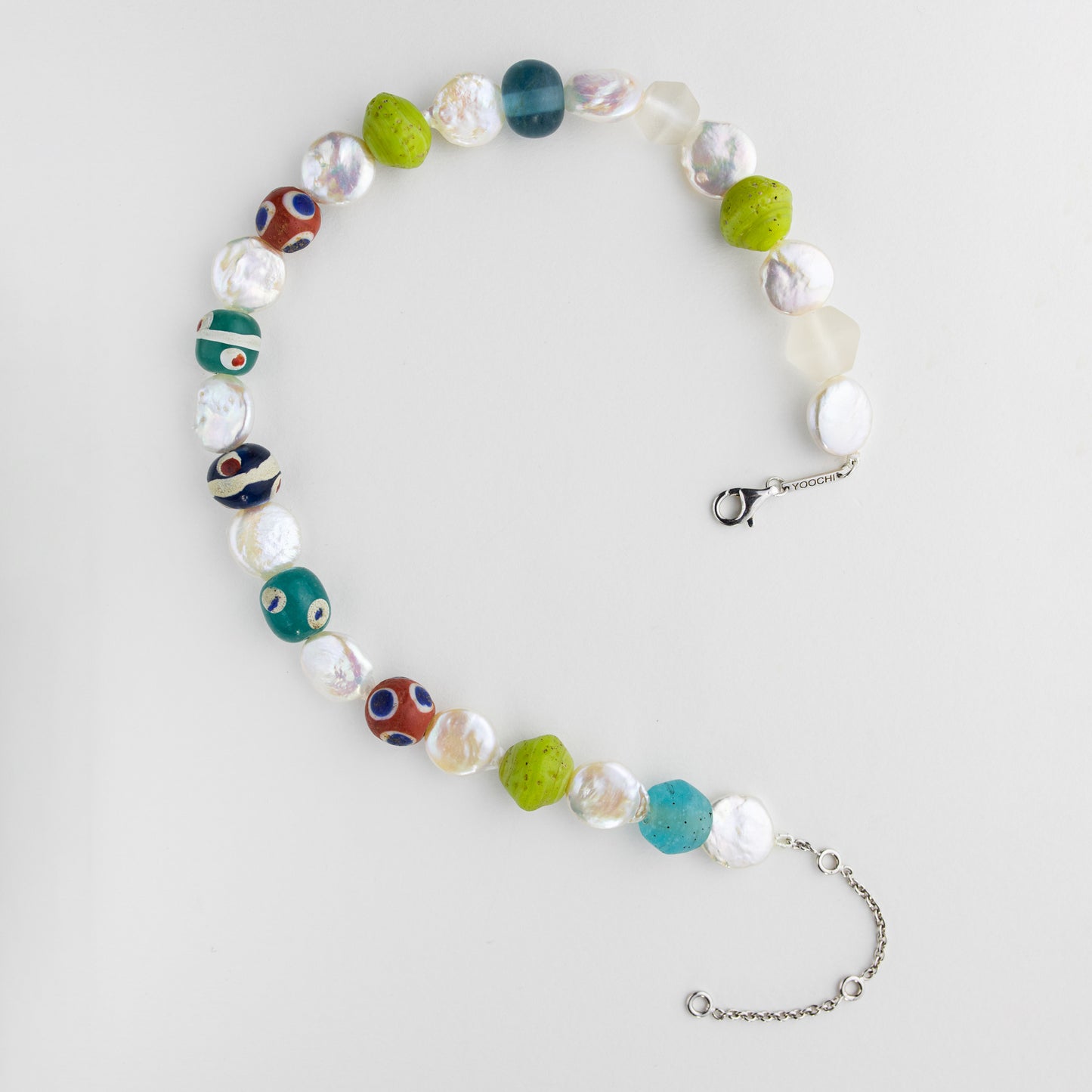 Necklace "Asian Fusion". Made of Old beads, Freshwater pearls and rhodium plated Silver 925.