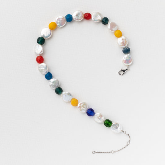 choker crafted from unique vintage beads. Made of freshwater pearls, old glass beads and 925 rhodium plated silver