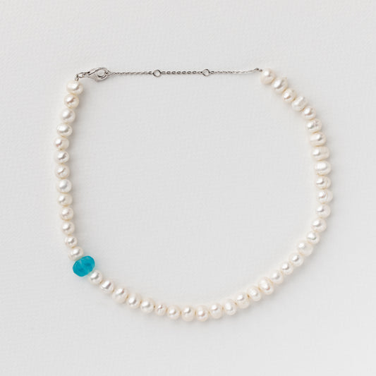 Necklace made of an old glass bead, freshwater pearls and 925 rhodium plated silver