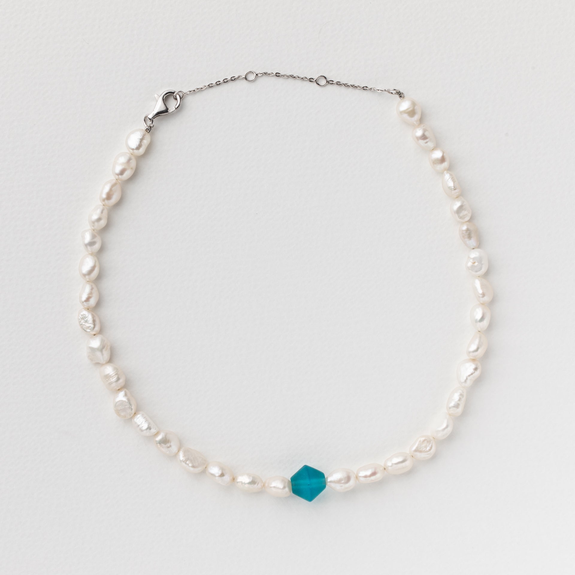 Necklace made of an old glass bead, freshwater pearls and 925 rhodium plated silver