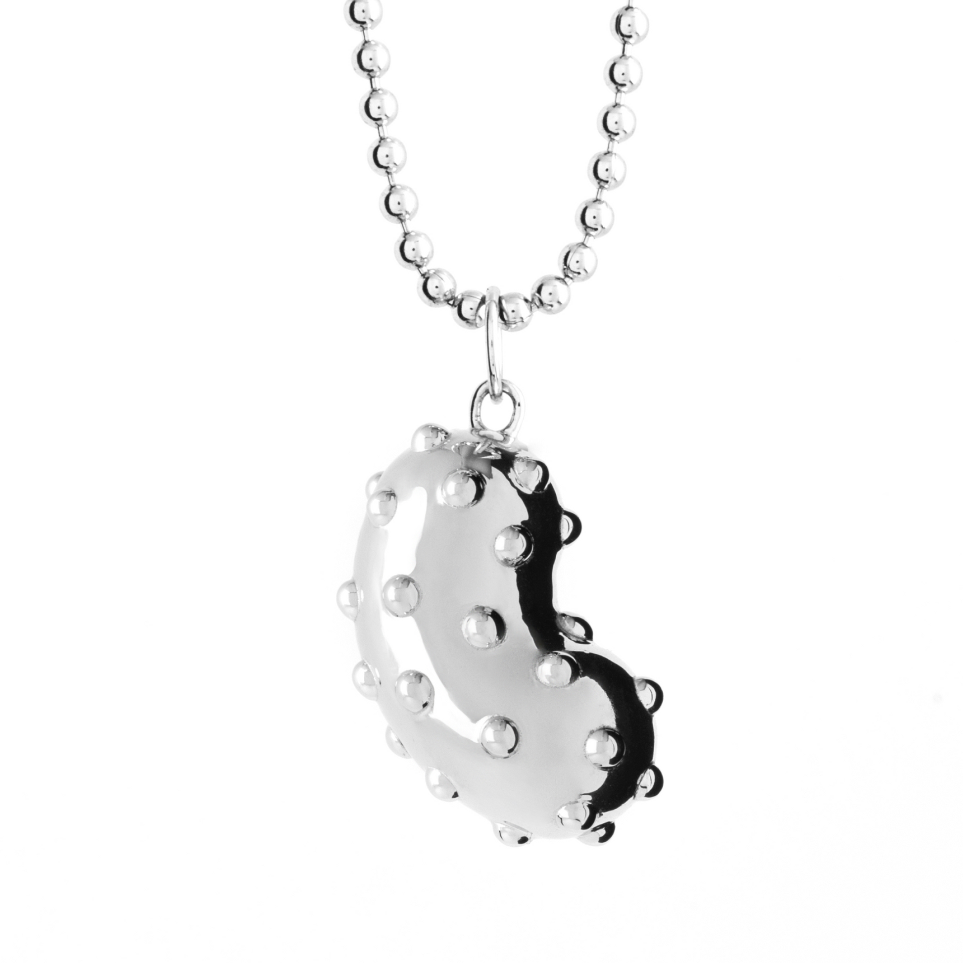 Silver bean pendant with playful pimples. Rhodium plated silver